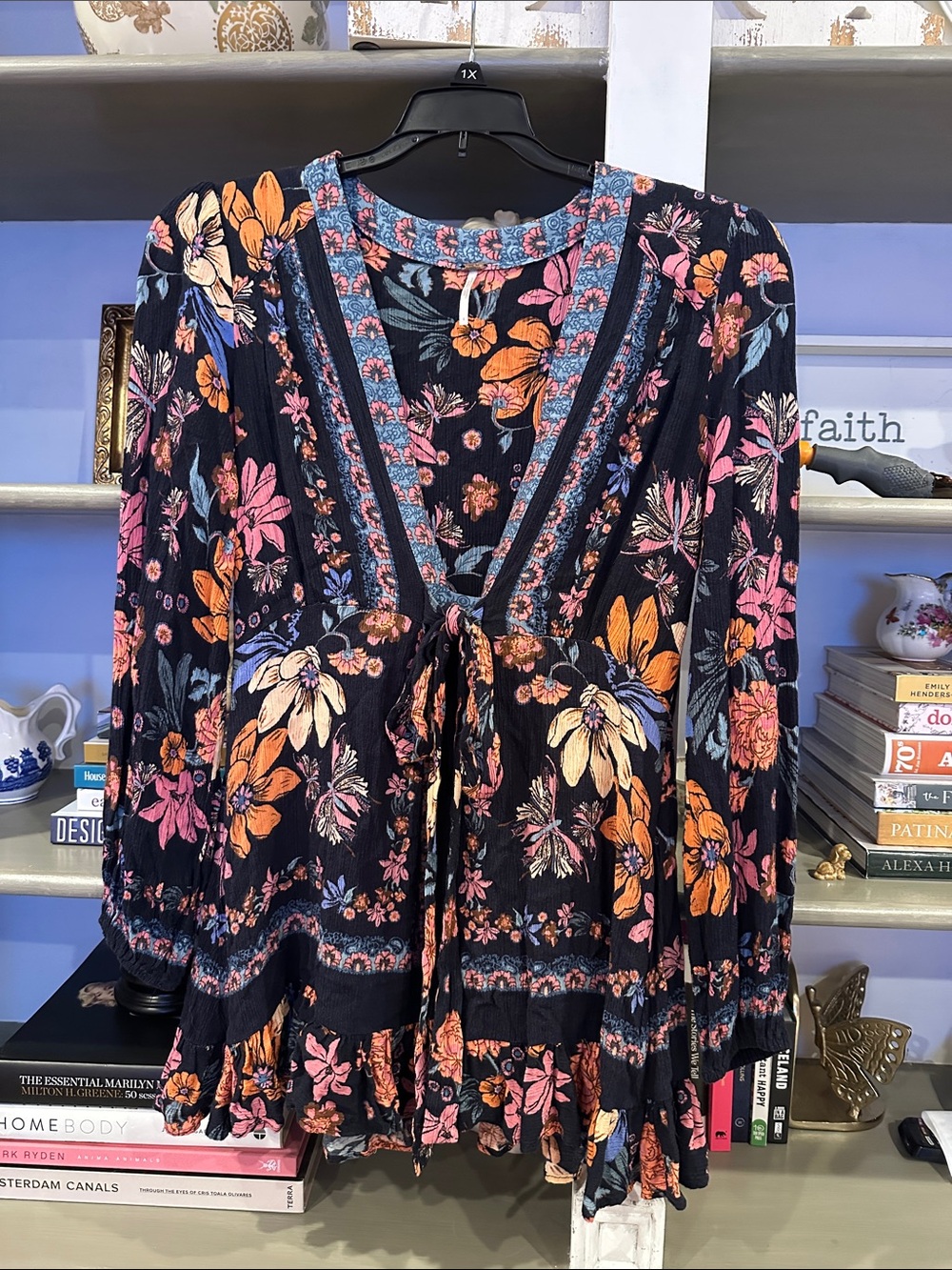 Free People Black Floral Long-Sleeve Tie-Front Boho Tunic/Dress